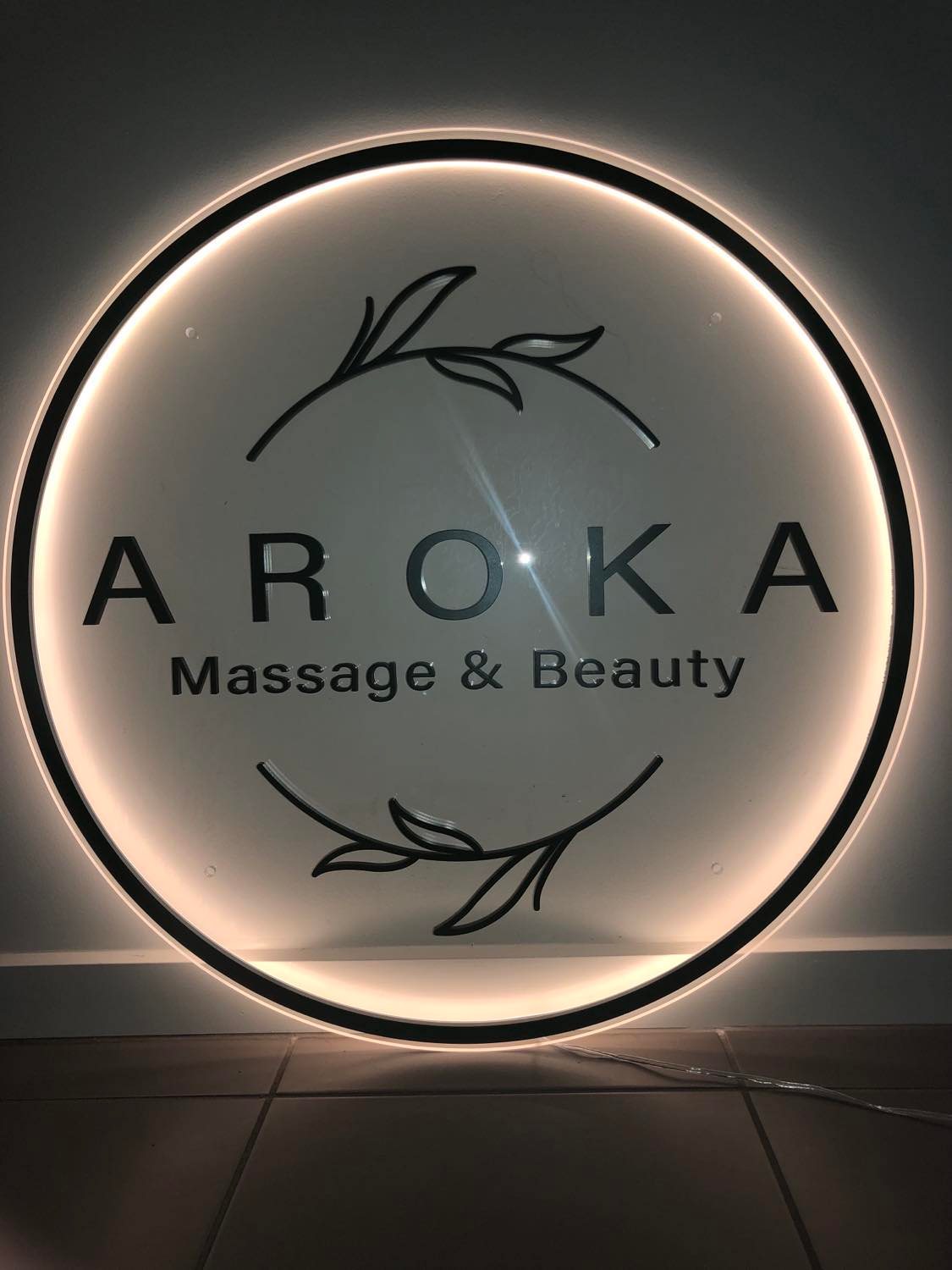 front on Customised Illuminated Acrylic Signage Aroka Massage and Beauty